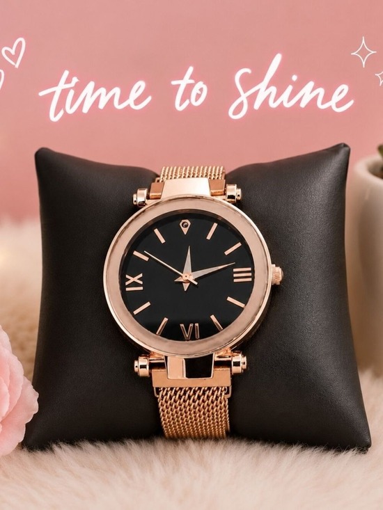 Accessories - Women's Rose Gold Watch Black Dial Mesh Strap